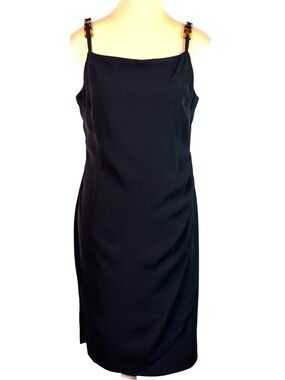 David Warren Faux Wrap Black Midi Dress Tortoiseshell-Style Shoulder Straps 10